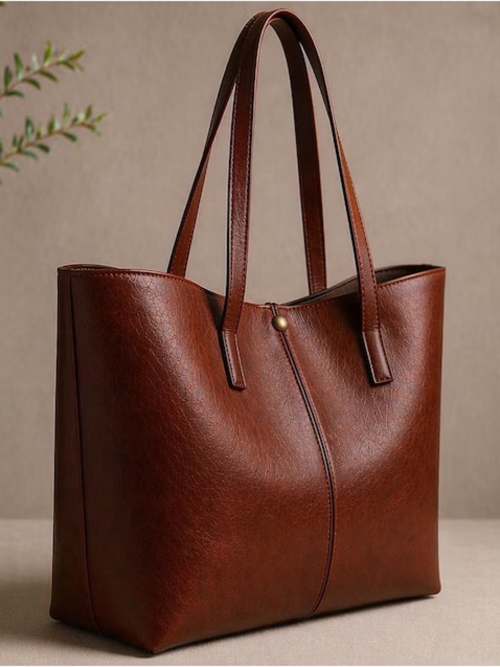 Everyday Brown Leather Tote with Double Straps - Picture 2 of 7